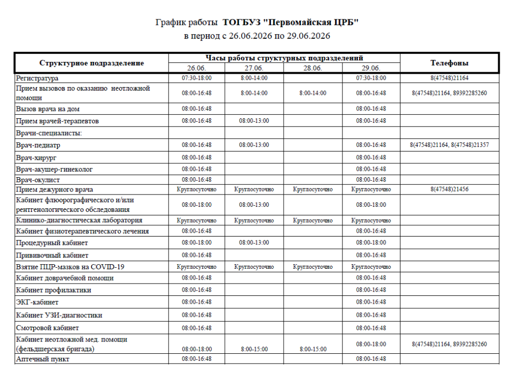 График работы ТОГБУЗ "Первомайская ЦРБ" в период с 26.06.2026 по 29.06.2026 гг.